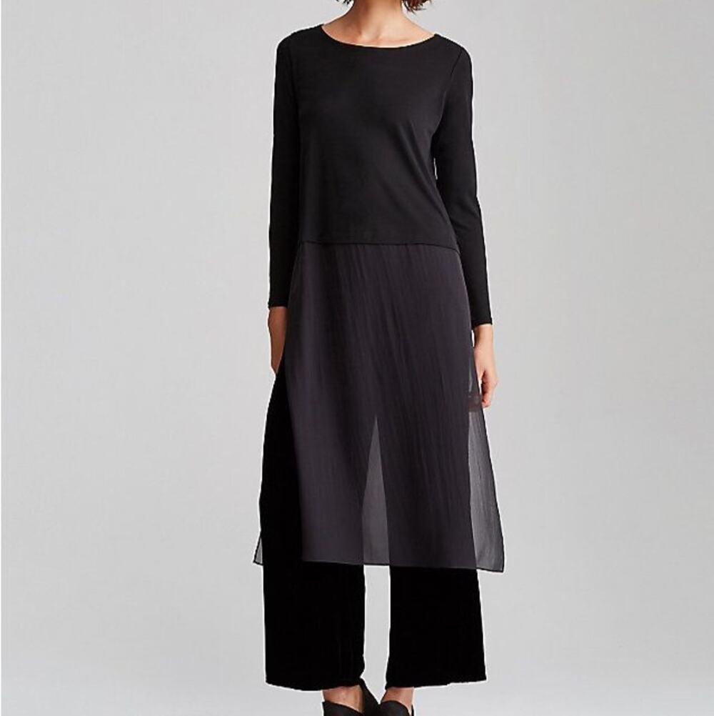 Eileen Fisher Tunic Dress Top Size XS Black Pure Silk Side Slits Long Sleeve